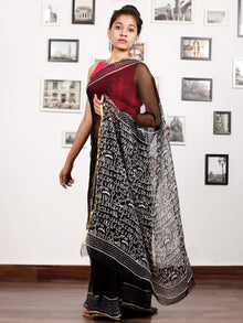 Black White Red Hand Block Printed Chiffon Saree with Zari Border - S031703170