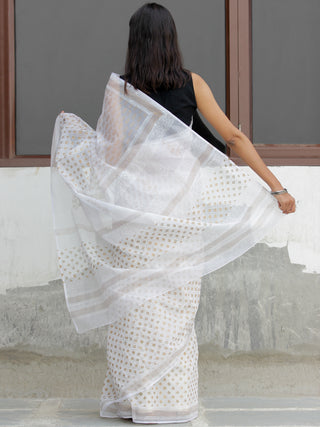 White Golden Hand Block Printed Kota Doria Saree  - S031704094