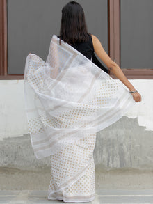 White Golden Hand Block Printed Kota Doria Saree  - S031704094