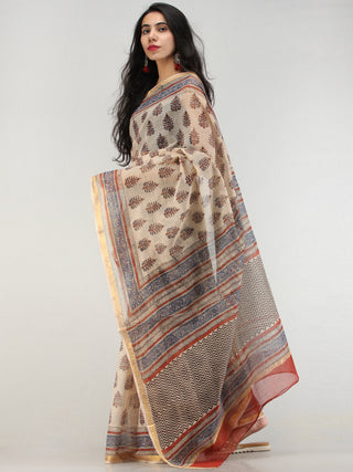 Beige Indigo Red Hand Block Printed Kota Doria Saree With Zari Border - S031704576