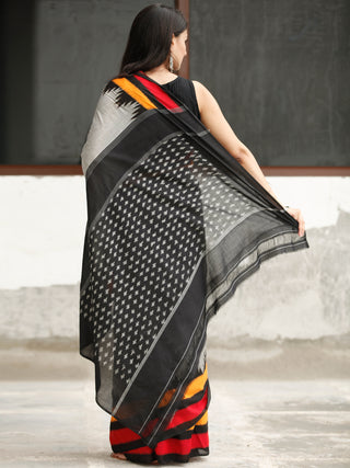 Grey Black Coral Orange Ikat Handwoven Cotton Saree - S031704048