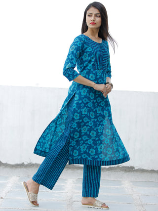 Blue Sky Blue Cotton Block Printed Kurta & Pants - Set of 2 - SS01F1940