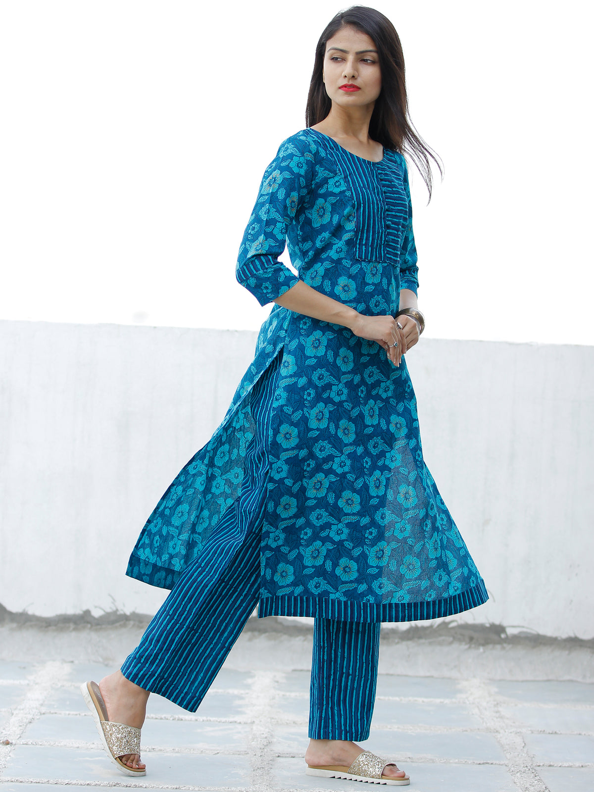Blue Sky Blue Cotton Block Printed Kurta & Pants - Set of 2 - SS01F1940