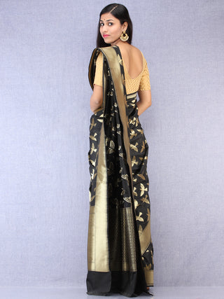 Banarasee Art Silk Saree With Bird Motif - Black & Gold - S031704330