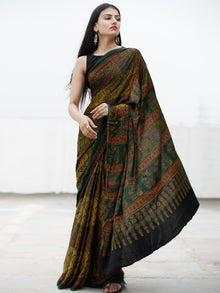 Green Yellow Maroon Ajrakh Hand Block Printed Modal Silk Saree in Natural Colors - S031703717