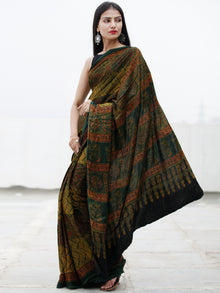 Green Yellow Maroon Ajrakh Hand Block Printed Modal Silk Saree in Natural Colors - S031703717