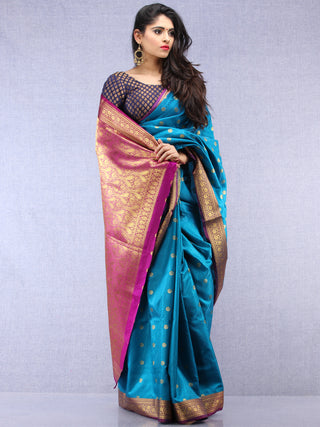 Banarasee Art Silk Self Weave Saree With Zari Work - Blue Pink & Gold - S031704427