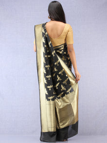 Banarasee Art Silk Saree With Bird Motif - Black & Gold - S031704330