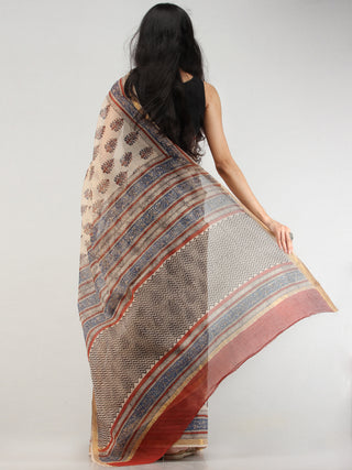 Beige Indigo Red Hand Block Printed Kota Doria Saree With Zari Border - S031704576