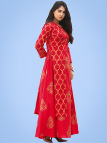 Jina - Red Gold Block Printed Long Cape Dress - D400FYYYY