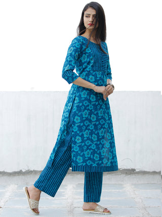 Blue Sky Blue Cotton Block Printed Kurta & Pants - Set of 2 - SS01F1940