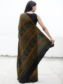 Green Yellow Maroon Ajrakh Hand Block Printed Modal Silk Saree in Natural Colors - S031703717