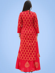 Jina - Red Gold Block Printed Long Cape Dress - D400FYYYY