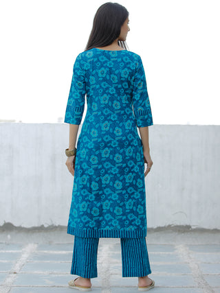 Blue Sky Blue Cotton Block Printed Kurta & Pants - Set of 2 - SS01F1940