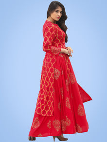 Jina - Red Gold Block Printed Long Cape Dress - D400FYYYY