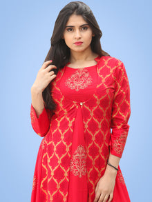 Jina - Red Gold Block Printed Long Cape Dress - D400FYYYY