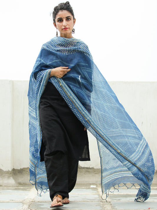 Indigo White Shibori Kota Silk Hand Block Printed Dupatta - D04170420