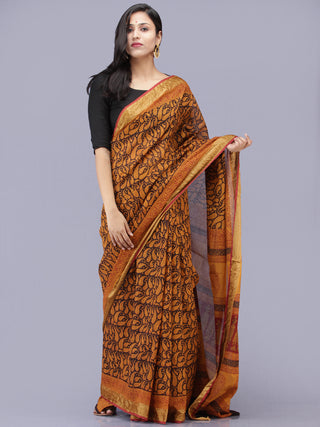 Rust Orange Maroon Black Bagh Printed Maheshwari Cotton Saree - S031704181