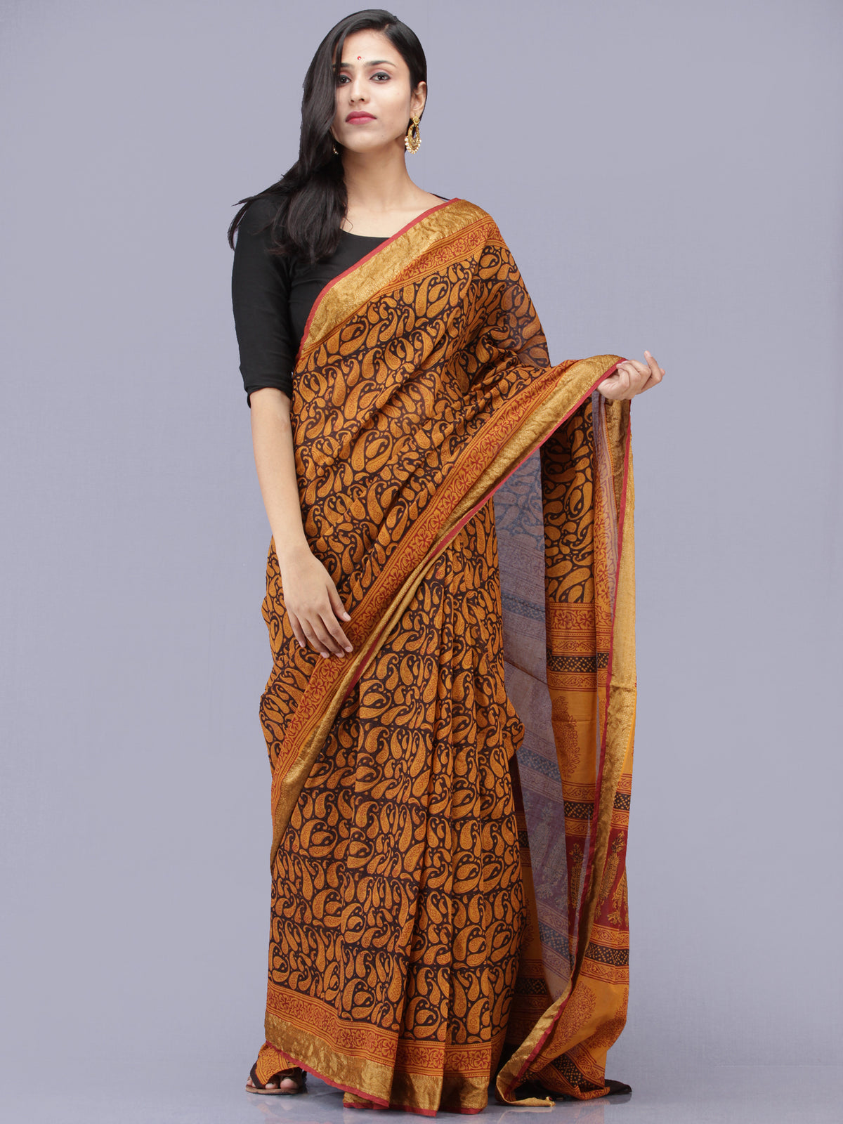 Rust Orange Maroon Black Bagh Printed Maheshwari Cotton Saree - S031704181