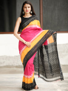 Pink Black Yellow Ikat Handwoven Cotton Saree - S031704050