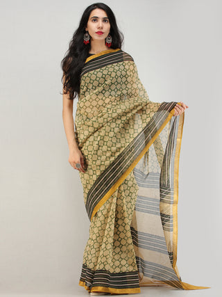 Green Beige Black Hand Block Printed Kota Doria Saree With Zari Border - S031704572