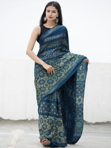 Indigo Fern Green Black Ajrakh Hand Block Printed Modal Silk Saree in Natural Colors - S031703718
