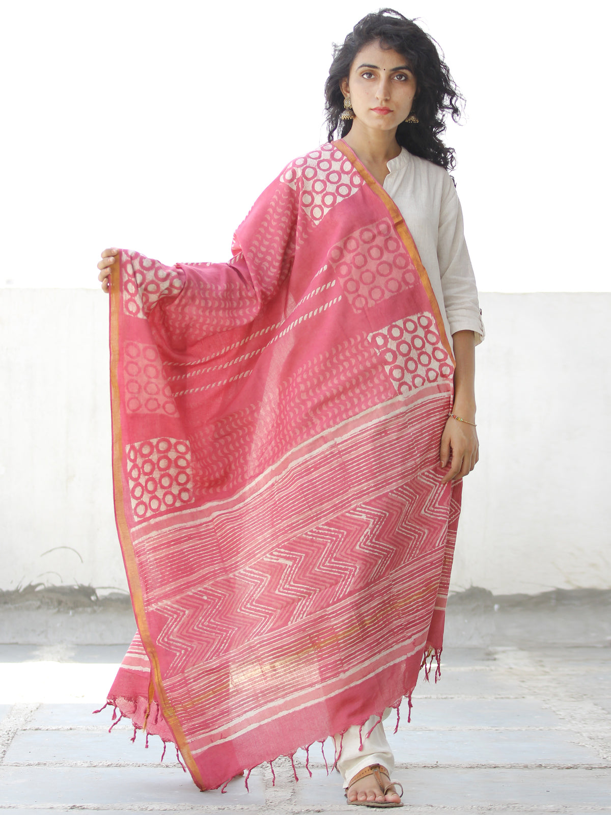 Pastel Pink Ivory Chanderi Hand Block Printed Dupatta - D04170562