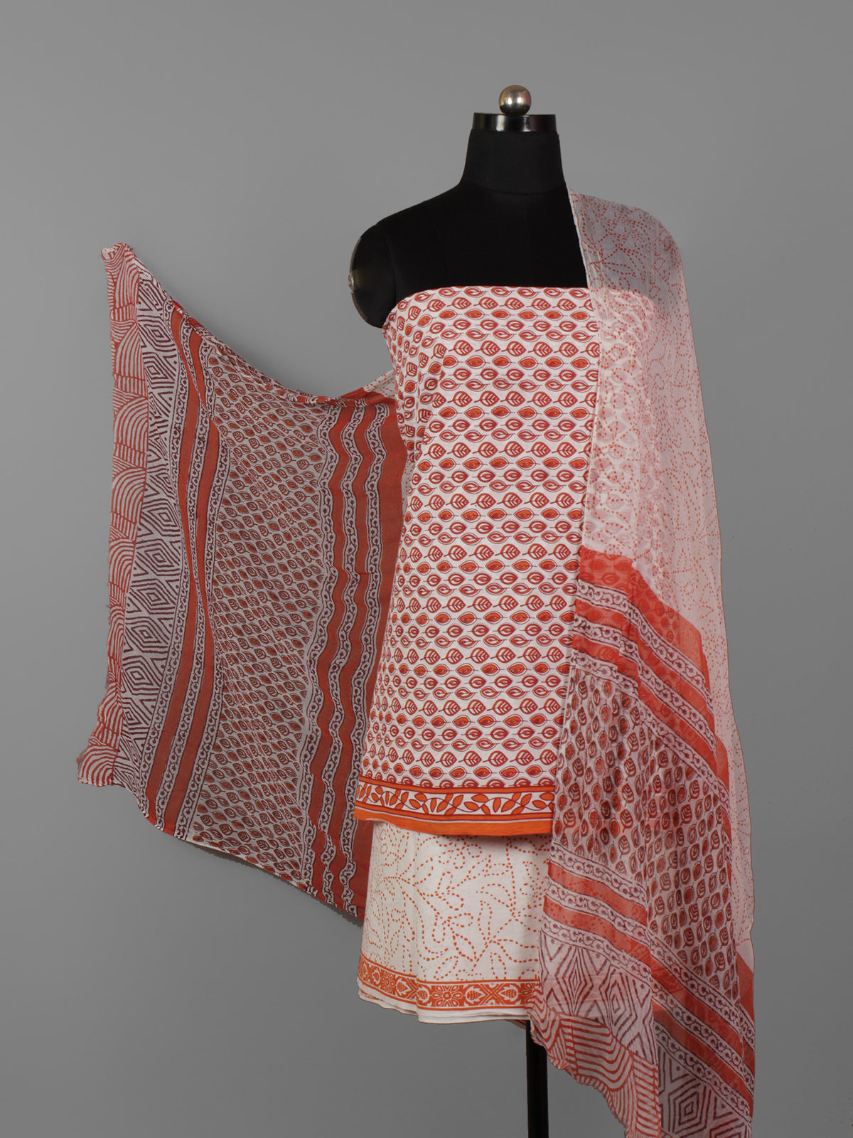 Ivory Maroon Orange Hand Block Printed Cotton Suit-Salwar Fabric With Chiffon Dupatta (Set of 3) - S16281301