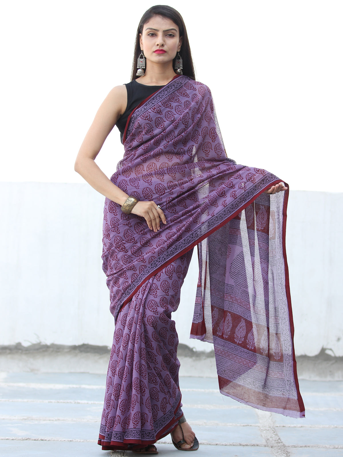 Purple Red Black Bagh Hand Block Printed Kota Doria Saree - S031703895