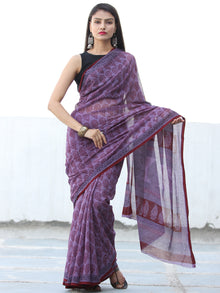 Purple Red Black Bagh Hand Block Printed Kota Doria Saree - S031703895