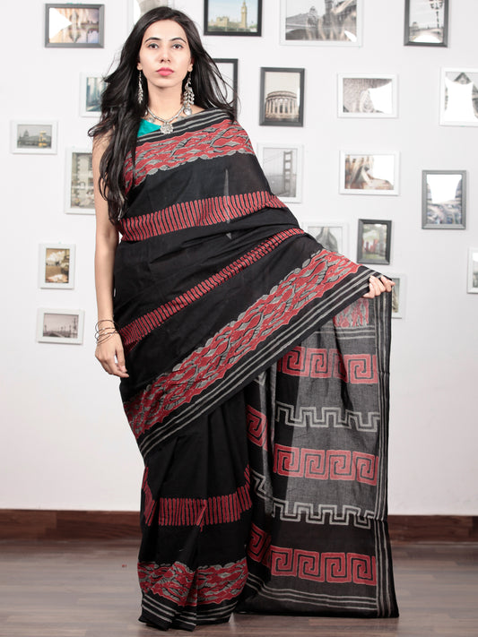 Black Crimson Red Grey Hand Block Printed Cotton Mul Saree   - S031703040