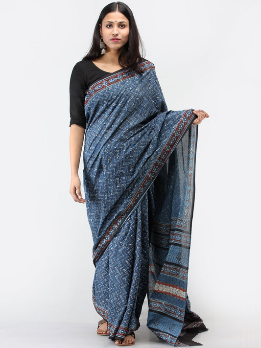Indigo Red Black Hand Block Printed Cotton Mul Saree - S031704512