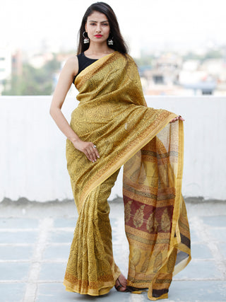 Yellow Maroon Black Bagh Hand Block Printed Maheswari Silk Saree With Resham Border - S031703848