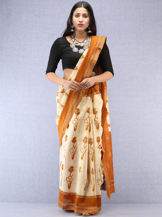 Mustard Ivory Hand Block Printed Maheshwari Silk Saree With Zari Border - S031704525