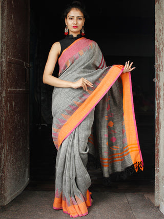 Grey Pink Orange Handwoven Linen Jamdani Saree With Temple Border & Tassels - S031704020