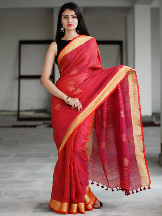 Red Golden Handwoven Linen Jamdani Saree With Zari Border & Tassels - S031703796