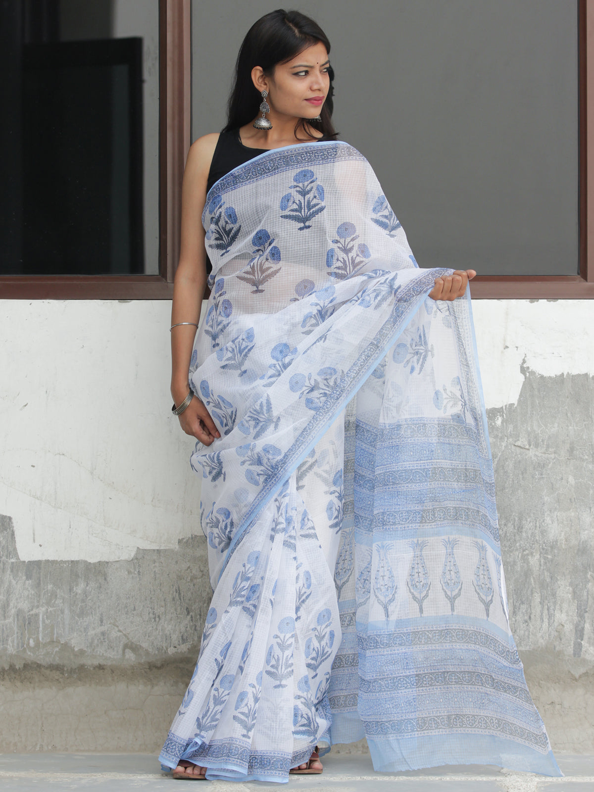 White Light Blue Hand Block Printed Kota Doria Saree  - S031704095