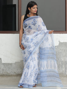 White Light Blue Hand Block Printed Kota Doria Saree  - S031704095
