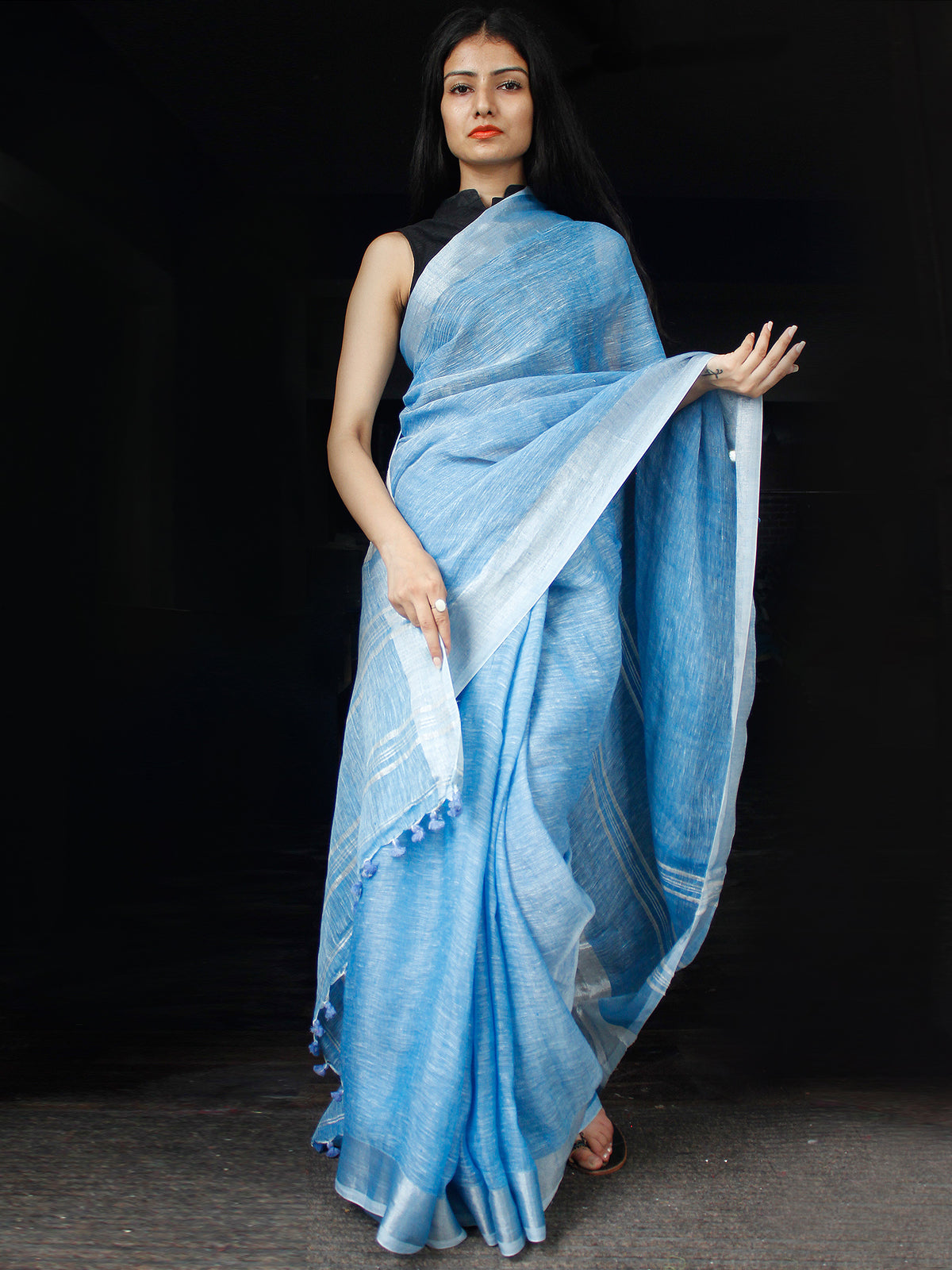 Pastel Blue Silver Handwoven Linen Saree With Zari - S031703464