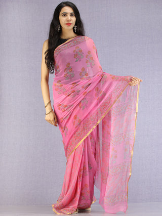 Pink Red Green Hand Block Printed Chiffon Saree with Zari Border - S031704607