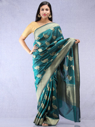 Banarasee Art Silk Saree With Bird Motif - Green & Gold - S031704331