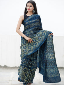 Indigo Fern Green Black Ajrakh Hand Block Printed Modal Silk Saree in Natural Colors - S031703718