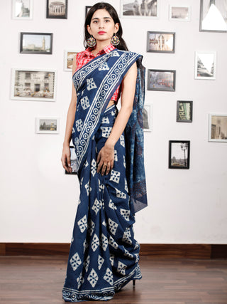 Indigo White Maroon Hand Block Printed Cotton Mul Saree in Natural Colors - S031703178