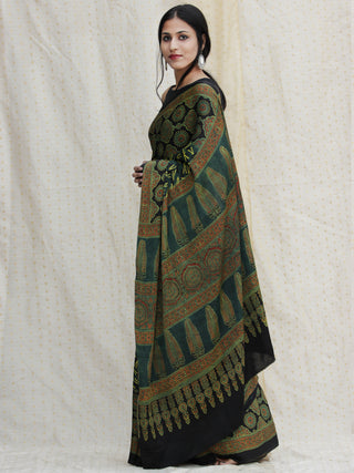Black Green Red Ajrakh Hand Block Printed Modal Silk Saree - S031704136