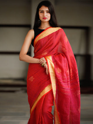 Red Golden Handwoven Linen Jamdani Saree With Zari Border & Tassels - S031703796
