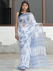 White Light Blue Hand Block Printed Kota Doria Saree  - S031704095