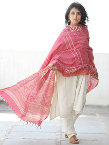 Pastel Pink Ivory Chanderi Hand Block Printed Dupatta - D04170562