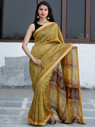 Yellow Maroon Black Bagh Hand Block Printed Maheswari Silk Saree With Resham Border - S031703848