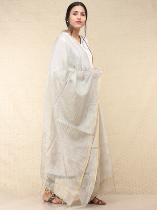 White Gold Kota Silk Hand Block Printed Dupatta - D04170710