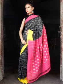 Black Pink Yellow Grey Ikat Handwoven Ganga Jamuna Border Cotton Saree - S031703633